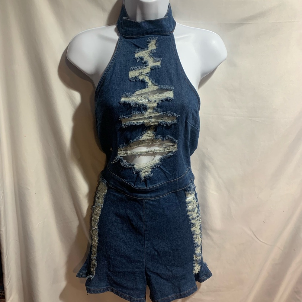 Women's Distressed Denim Halter Romper